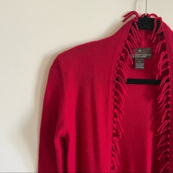 FENN WRIGHT MASON Red 100% 2-Ply Cashmere Open Cardigan with Fringe - Picture 3 of 10